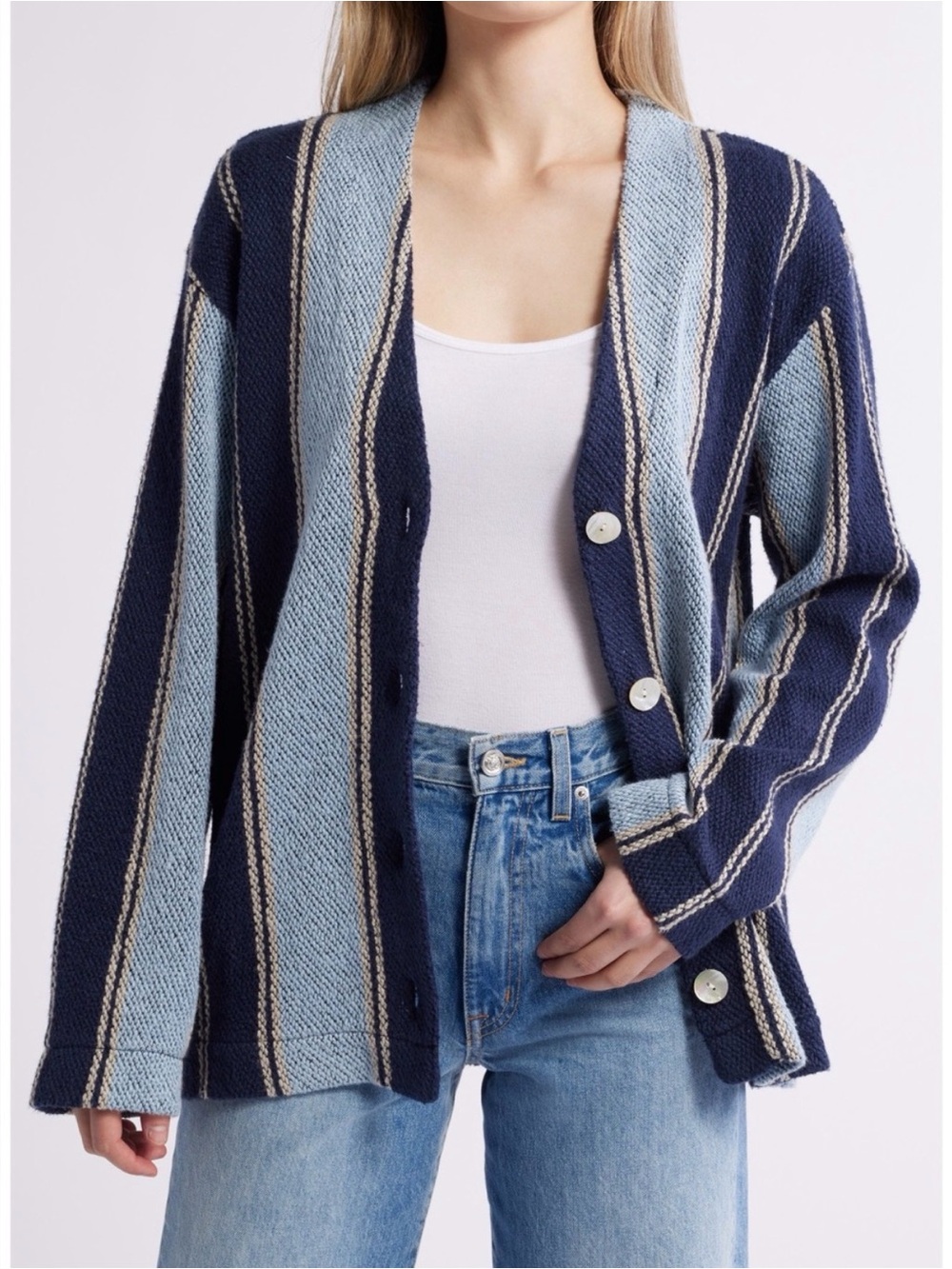 Faherty Dockside Cardigan Women’s M Tide Line Stripe Organic Cotton Blue $188